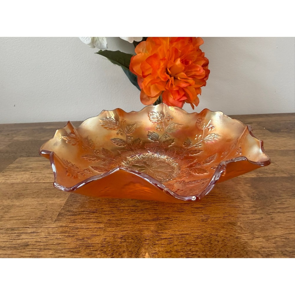Vintage Carnival Glass Bowl Grape Vine Ruffled‎ Edge Marigold Iridescent Dish